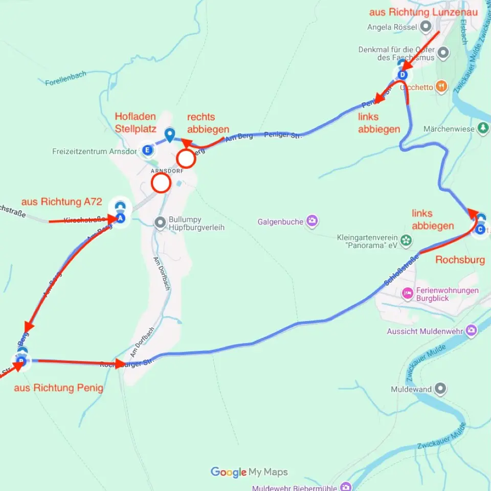 Umleitung Arnsdorf – Anfahrtskarte zum Geflügelhof Arnsdorf über Rochsburg während der Vollsperrung