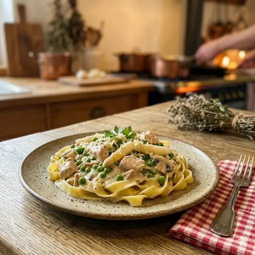 Nudeln kaufen beim Geflügelhof Arnsdorf: Teller mit Pasta und Hühnerfrikassee auf dem Holztisch