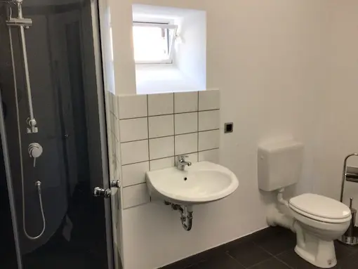 Ein helles, modernes Badezimmer mit weißem Waschbecken, Toilette und einer verglasten Dusche mit dunkler Rückwand für Campinggäste auf dem Geflügelhof Arnsdorf.