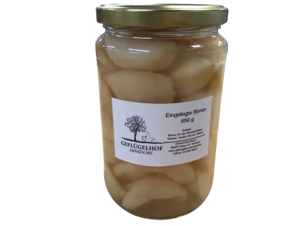 Eingelegte Birnen von der Streuobstwiese – Geflügelhof Arnsdorf, Penig Text: Eingelegte Birnen von der Streuobstwiese, Geflügelhof Arnsdorf in Penig, 650-g-Glas