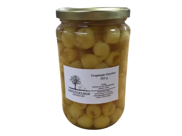 Eingelegte Kirschen von der Streuobstwiese – Geflügelhof Arnsdorf, Penig Alt-Text: Eingelegte Kirschen von der Streuobstwiese, Geflügelhof Arnsdorf in Penig, 650-g-Glas