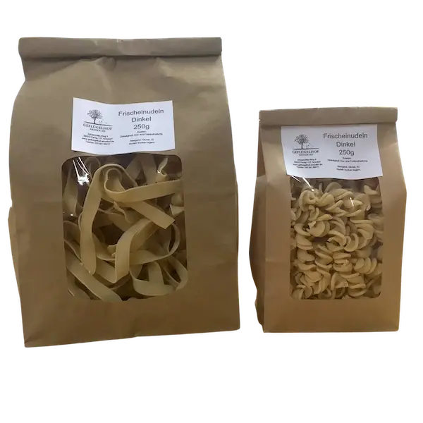 Dinkelnudeln – Geflügelhof Arnsdorf Dinkelnudeln vom Geflügelhof Arnsdorf, Bandnudeln und Spirelli, 250-g-Packung