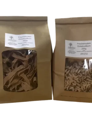 Dinkelvollkorn-Nudeln – Geflügelhof Arnsdorf Dinkelvollkorn-Nudeln vom Geflügelhof Arnsdorf, Bandnudeln und Spirelli, 250-g-Packung