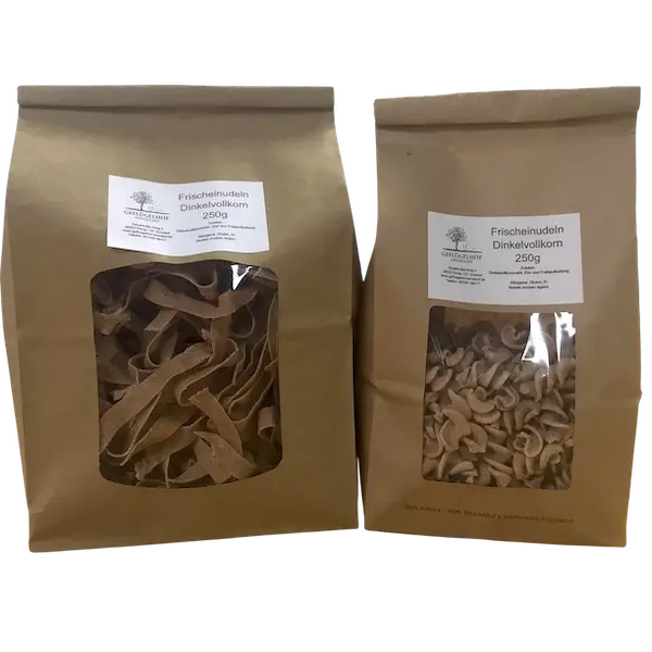 Dinkelvollkorn-Nudeln vom Geflügelhof Arnsdorf, Bandnudeln und Spirelli, 250-g-Packung