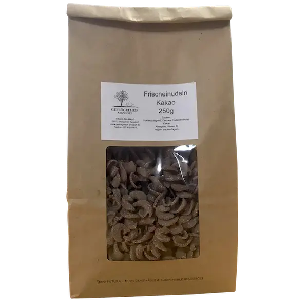 Kakao-Spirelli – Geflügelhof Arnsdorf Kakao-Spirelli vom Geflügelhof Arnsdorf, handgemachte Nudel-Spezialität, 250-g-Packung