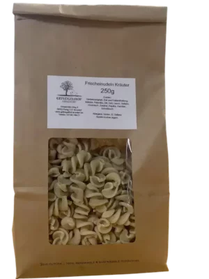 Kräuter-Spirelli – Geflügelhof Arnsdorf Kräuter-Spirelli vom Geflügelhof Arnsdorf, handgemachte Nudeln mit Kräutermischung, 250-g-Packung