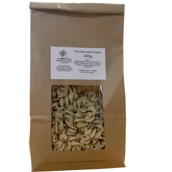 Kräuter-Spirelli – Geflügelhof Arnsdorf Kräuter-Spirelli vom Geflügelhof Arnsdorf, handgemachte Nudeln mit Kräutermischung, 250-g-Packung