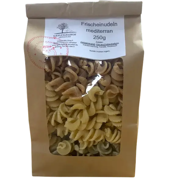 Mediterrane Spirelli – Geflügelhof Arnsdorf Mediterrane Spirelli vom Geflügelhof Arnsdorf, handgemachte Nudeln mit Tomate und Knoblauch, 250-g-Packung