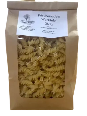 Wachtelei-Spirelli – Geflügelhof Arnsdorf Wachtelei-Spirelli vom Geflügelhof Arnsdorf, handgemachte Nudel-Spezialität mit Wachteleiern, 250-g-Packung