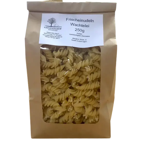 Wachtelei-Spirelli – Geflügelhof Arnsdorf Wachtelei-Spirelli vom Geflügelhof Arnsdorf, handgemachte Nudel-Spezialität mit Wachteleiern, 250-g-Packung