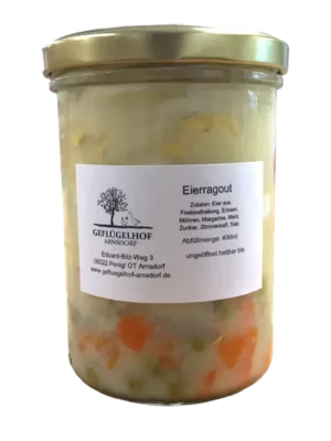 Hausgemachtes Eierragout im Glas vom Geflügelhof Arnsdorf in Penig, mit Erbsen und Möhren, 400-ml-Glas