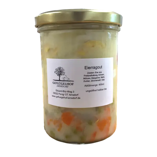 Hausgemachtes Eierragout im Glas vom Geflügelhof Arnsdorf in Penig, mit Erbsen und Möhren, 400-ml-Glas