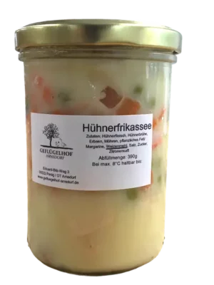 Hausgemachtes Hühnerfrikassee im Glas vom Geflügelhof Arnsdorf in Penig, mit Erbsen und Möhren, 390-g-Glas