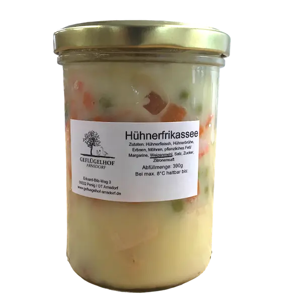 Hausgemachtes Hühnerfrikassee im Glas vom Geflügelhof Arnsdorf in Penig, mit Erbsen und Möhren, 390-g-Glas